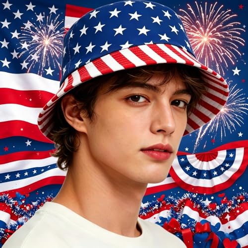 4th of July Bucket Hat for Women Men, Packable Sun Protection Beach Hat, Breathable Outdoor Cap Blue
