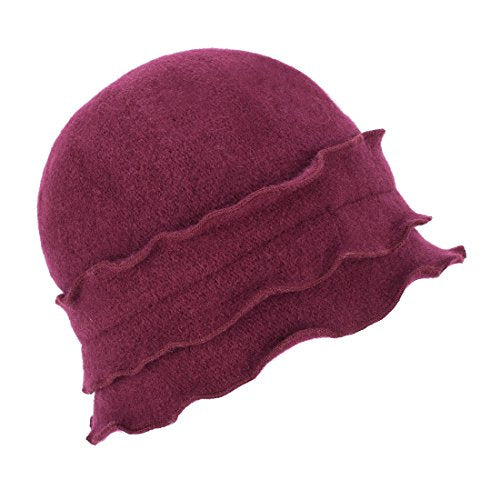 Womens Gatsby 1920s Winter Wool Cap Beret Beanie Crochet Bucket Flower Hat A285 - color: Wine