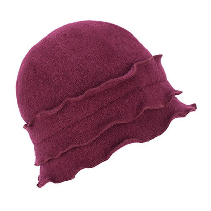 Womens Gatsby 1920s Winter Wool Cap Beret Beanie Crochet Bucket Flower Hat A285 - color: Wine