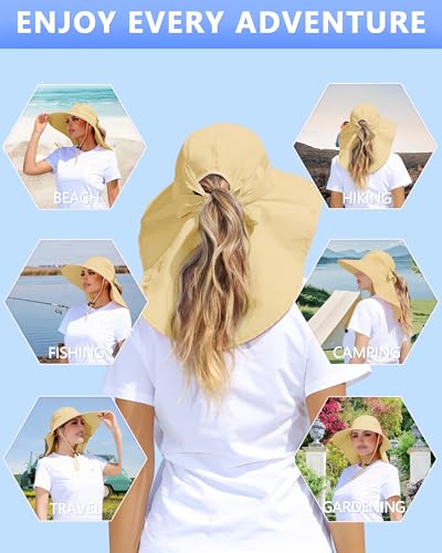 Womens Sun Hat Outdoor UV Protection Wide Brim Fishing Hat with Ponytail Hole Neck Flap for Beach Hiking Camping - color: Sun Hat-khaki