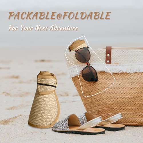 Women's Sun Visor Hats Wide Brim Straw Beach Hat Ponytail Hats for Women Foldable Floppy - color: 1pack-beige/Khaki Basic