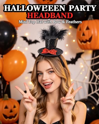 Black Mini Top Hat Headband Fascinator Feather Crazy Hat for Halloween Carnival Christmas Holiday Costume