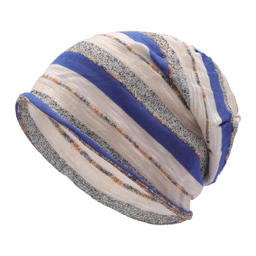 ZLYC Cotton Thin Slouchy Beanie Hat for Men Women Stretch Skull Cap - color: Stripes Blue, size: One Size