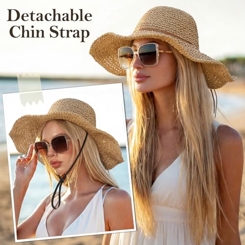Beach Sun Straw Hats for Women Floppy Wide Brim UV Packable Summer - color: Khaki