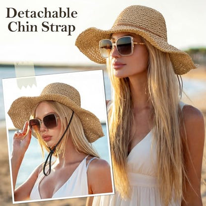 Beach Sun Straw Hats for Women Floppy Wide Brim UV Packable Summer - color: Khaki