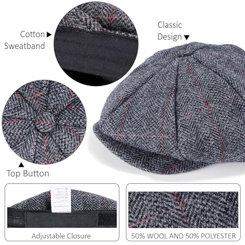 Mens Newsboy Cap High Woolen Tweed Gatsby Hat Ivy Cabbie Flat Golf Cap for Fathers Women Unisex - color: Herringbone Plaid Grey, size: 7-7 1/8
