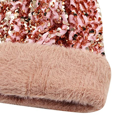 Women Sparkly Sequins Knitted Beanie Hat Warm Winter Skull Cap with Faux Fur Pom Pom - color: Pink
