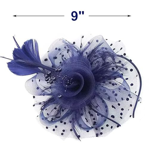 JUNBESTN Fascinators Hat Tea Party Headwear for Women Flower Mesh Feathers Headband - color: Navy Blue