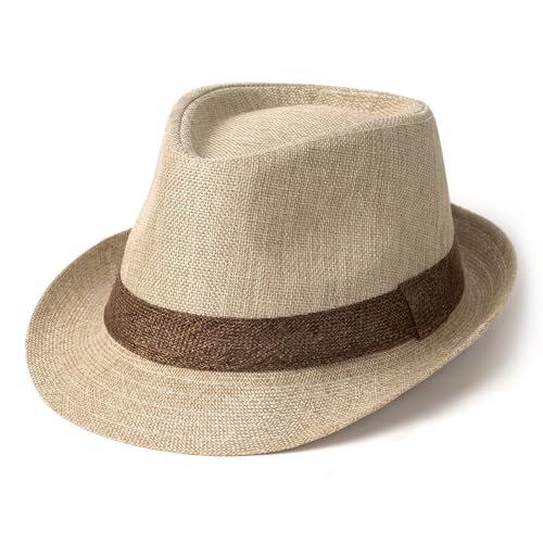Lisianthus Mens Short Brim Summer Panama Fedora Trilby Sun Hat - color: Beige With Coffee Band