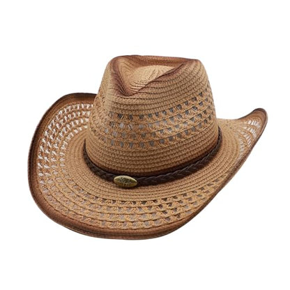 Straw Cowgirl Hat for Women Cowboy Hats for Men Wide Brim Sun Hat Shapeable Western Hat Beach Hat - color: Khaki-coffee
