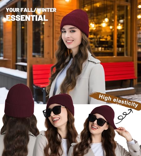 Seamless Beanie Hat for Men Women Wool Fisherman Beanies Winter Hats - color: Wine Red