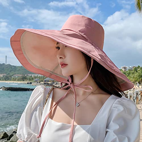 HUAMULAN Women Summer Vacation Wide Brim Sun Hat Reversible Fishing Hats - color: Pinkbeige