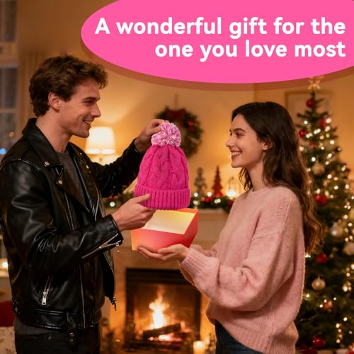 Slouchy Chunky Knit Beanie with Pom Pom - Cozy Winter Bobble Hat for Women and Men - color: Hot Pink