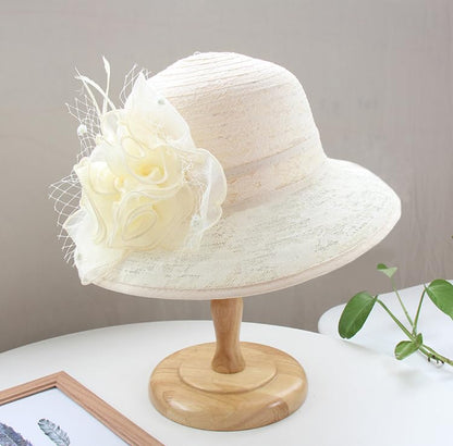 Women's Organza Derby Fascinator Hat Cloche Bowler Hat Cocktail Tea Party Wedding Sun Hat - color: A6-beige