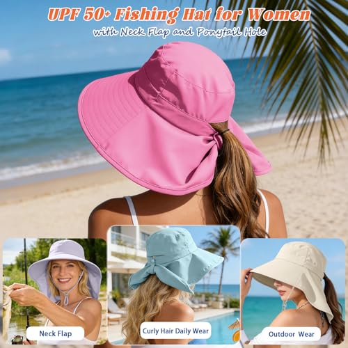 Ruqizhi Sun Hats for Women with Neck Flap Ponytail Hole Women Sun Hats Rollable UV Protection Fishing Hats Wide Brim UPF 50+ - color: Rose