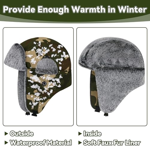 Olreco Waterproof Toddler Winter Hat Warm Fur Fleece Baby Boy Winter Hat Kids Snow Hats Girls Boys Trapper Hats with Earflaps - color: Waterproof Woodland Camo With Grey Fur, size: 2-5T