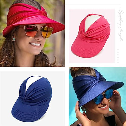 Sun Hat Women Beach Visor Cap UV Protection with Wide Brim Packable Summer Sport Ponytail Sun Cap - color: Navy Blue