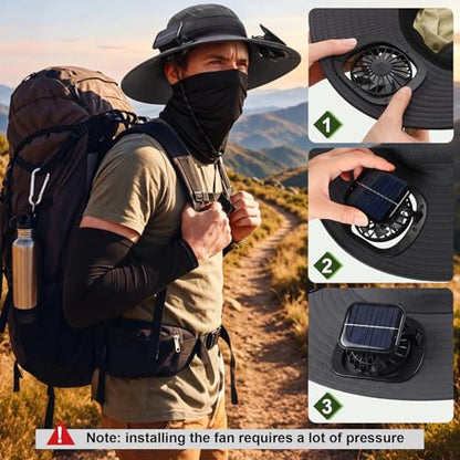 Syhood Solar Powered Fan Hat Neck Gaiter Arm Sleeves Sun Bucket Hat with Fan Cooling Wide Brim Hats for Fishing Hiking - color: Dark Gray, Black, style: Breathable