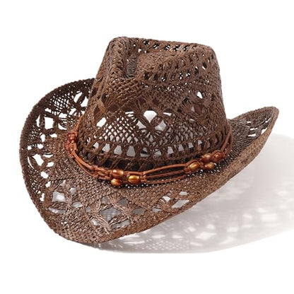 AQOKKA Straw Cowboy Hats for Women Men Western Cowgirl Hats with Shapeable Brim Woven Hollow Out Unisex Beach Roll Up Caps - color: Brown Beads Cowboy Hat : Coffee