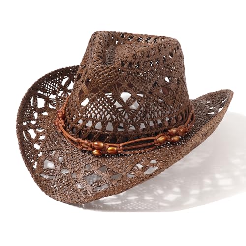 AQOKKA Straw Cowboy Hats for Women Men Western Cowgirl Hats with Shapeable Brim Woven Hollow Out Unisex Beach Roll Up Caps - color: Brown Beads Cowboy Hat : Coffee