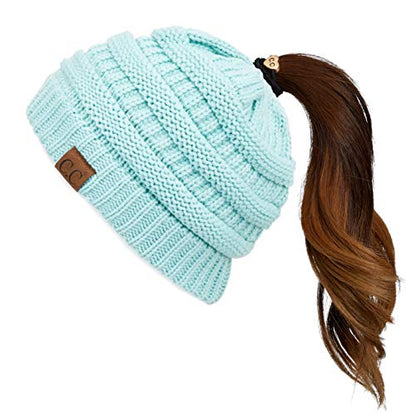C.C Exclusives Soft Stretch Cable Knit Messy Bun Ponytail Beanie Winter Hat for Women (MB-20A) - color: Mint