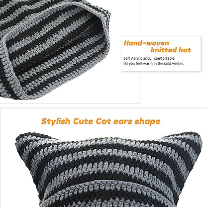 Women Beanie Warm Winter Hats, Soft Knit Lazy Beanie for Women, Women Cat Beanie，Women Fox hat, Slouchy Beanies for Women - color: Black & White