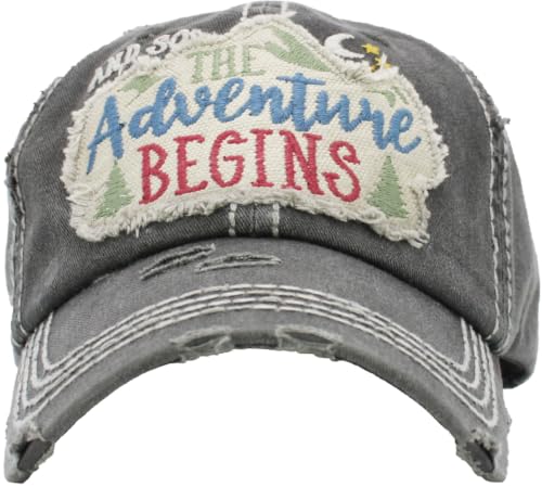 Funky Junque Distressed Baseball Cap, Vintage Embroidered Dad Hat - color: And So the Adventure Begins - Black