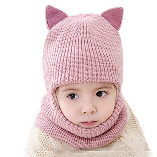 Toddler Winter Hat Baby Balaclava 2 in 1,Fleece Lined Knitted Beanie with Face Mask, Ear Flaps & Pom Pom for Boys Girls - color: Cat-pink