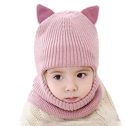 Toddler Winter Hat Baby Balaclava 2 in 1,Fleece Lined Knitted Beanie with Face Mask, Ear Flaps & Pom Pom for Boys Girls - color: Cat-pink