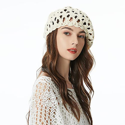 ZLYC Women Cotton Slouchy Crochet Beret Handmade Cutout Floral Beanie Hat - color: Beige