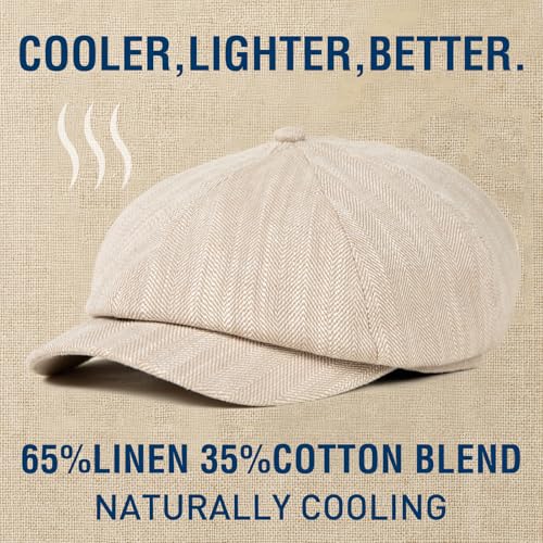 XL XXL Oversized 8 Panel Natural Linen Flat Cap Newsboy Hat Lightweight Summer Cooling Golf Outdoor Eco-Friendly - color: Beige Herringbone(elastic), size: Medium-Large