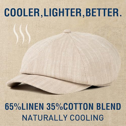 XL XXL Oversized 8 Panel Natural Linen Flat Cap Newsboy Hat Lightweight Summer Cooling Golf Outdoor Eco-Friendly - color: Beige Herringbone(elastic), size: Medium-Large