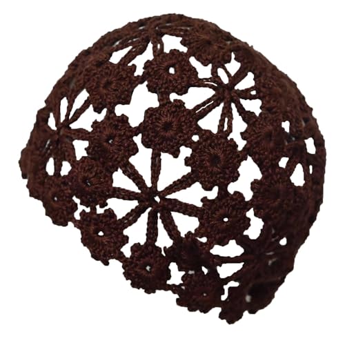 Women Lace Crochet Beanie Hat Handmade Knitted Cutout Floral Skull Cap - color: Coffee