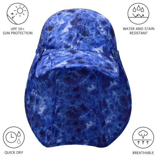 BASSDASH UPF 50+ Fishing Hat, Baseball Cap with Removable Neck Flap - color: Blue Camo With Foldable Brim