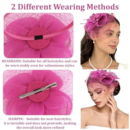 Semato Fascinators Hats for Women Mesh Feathers ElegantHot Pink Tea Party Kentucky Hat Derby Headband with Hair Clip - color: Hot Pink