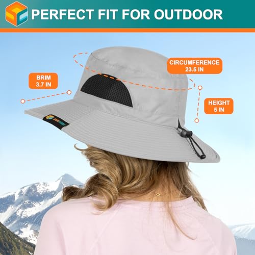 SUN CUBE Wide Brim Sun Hat for Men & Women, UPF 50+ UV Protection, Mesh Boonie Hat with Chin Strap, Fishing Hiking Hat - color: Light Grey
