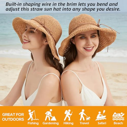 Women's Straw Bucket Sun Hat, Packable Floppy Wide Brim Beach Hat - color: Khaki a