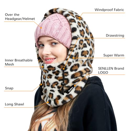 Senllen Balaclava Cold Weather Fleece Ski Mask Winter Thermal Sherpa Hood - color: White Leopard