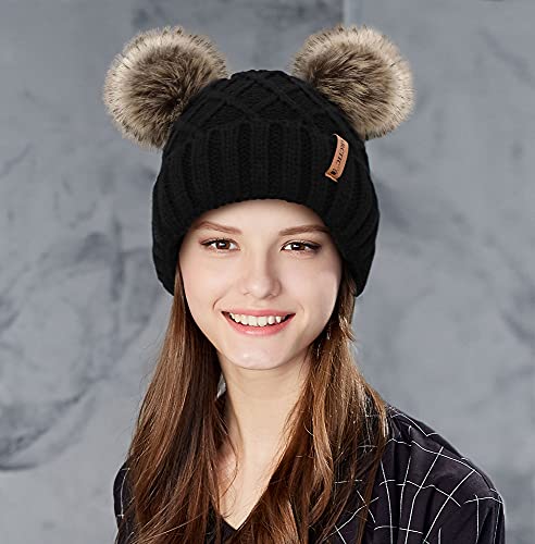 Arctic Paw Womens Winter Hat Cable Knit Beanie for Women Faux Fur Pompom Ears - color: Black _Grid