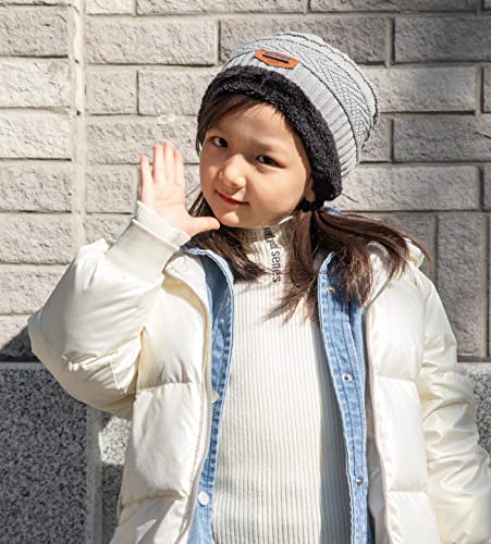 Winter Beanie Hat for Boys Girls (5-14 Years) Slouchy Beanie Windproof Warm Knit Kids Skull Cap - color: Hat(light Gray)