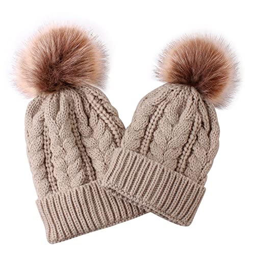 2PCS Parent-Child Knit Hat Family Matching Winter Warmer Hat Mother & Baby Crochet Beanie Ski Cap with Pom - color: Khaki