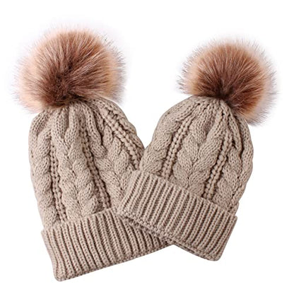 2PCS Parent-Child Knit Hat Family Matching Winter Warmer Hat Mother & Baby Crochet Beanie Ski Cap with Pom - color: Khaki