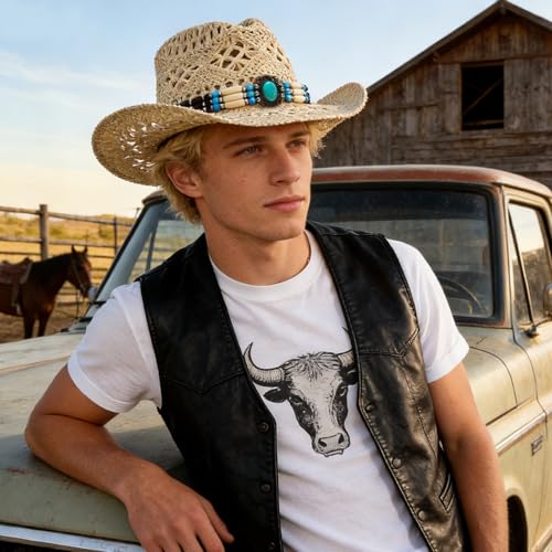 Straw Cowboy Hat for Women, Cowgirl Hat Wide Brim Western Cowboy Hat - color: Style5