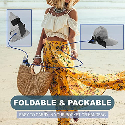Straw Sun Visor for Women, Wide Brim UPF 50+ Protection Beach Hat, Adjustable, Roll Up Foldable Ponytail Cap with Chin Strap - color: A Light Grey
