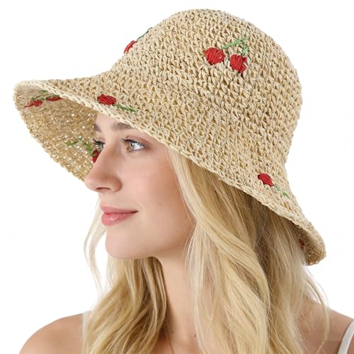 Floral Straw Sun Hat for Women Wide Brim UV Protection Woven Bucket Hat Shapeable Foldable Floppy Summer Beach Sun Cap - color: Beige