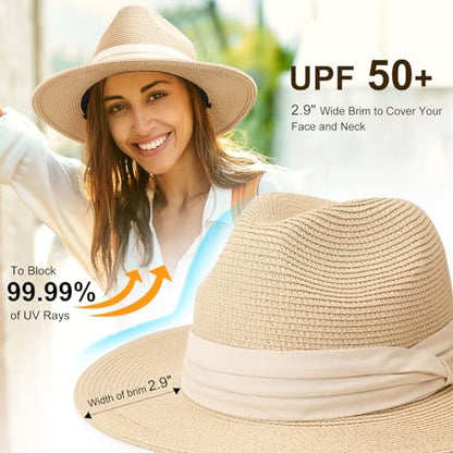 DRESHOW Women Straw Panama Hat Travel Fedora Beach Sun Hat Summer Wide Brim Straw Roll up Hats UPF 50+ - color: Fedora Hat: Beige (Beige Ribbon)