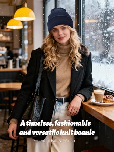 Satin Lined Beanie for Women Men, Cotton Knit Winter Beanies Hat - color: Navy Blue