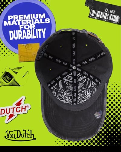 Von Dutch Unisex Cotton Canvas Baseball Cap, Curved Brim, Snapback - color: Black Distressed With Patched