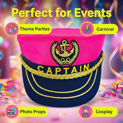 Captain Hat for Adults, Adjustable Sailor Hat, Navy, Nautical and Halloween Party Costume Accessory - color: Pink