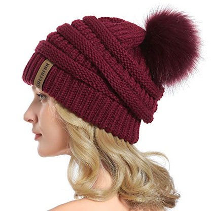 Women Knit Slouchy Beanie Chunky Baggy Hat with Faux Fur Pompom Winter Soft Warm Ski Cap - color: A3-burgundy
